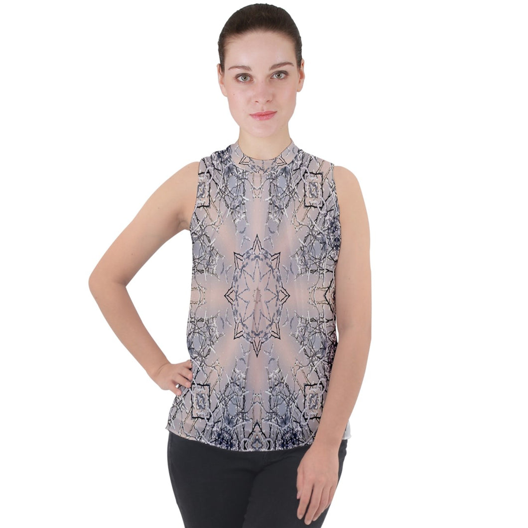 Mock Neck Chiffon Sleeveless Top - Frost and Romance Kaleidoscope