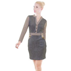 Button Long Sleeve Dress - Solid with Sunlit Iris Accent